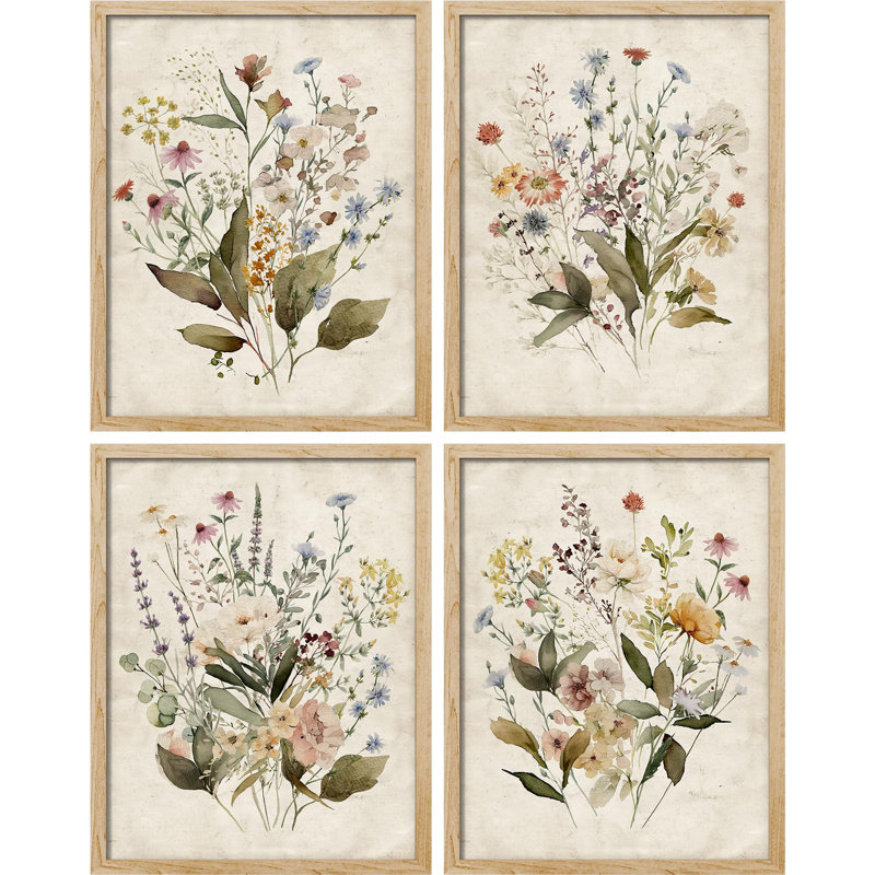 Vintage Wildflowers Bouquet Antique Botanical Floral Pictures Framed Paper  4 Pieces Print Wall Art 14